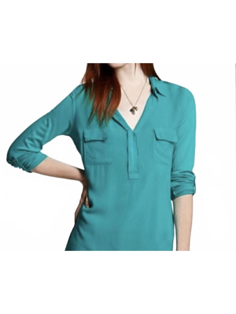 Kenar Teal Long Sleeve Casual Blouse with Pockets Small